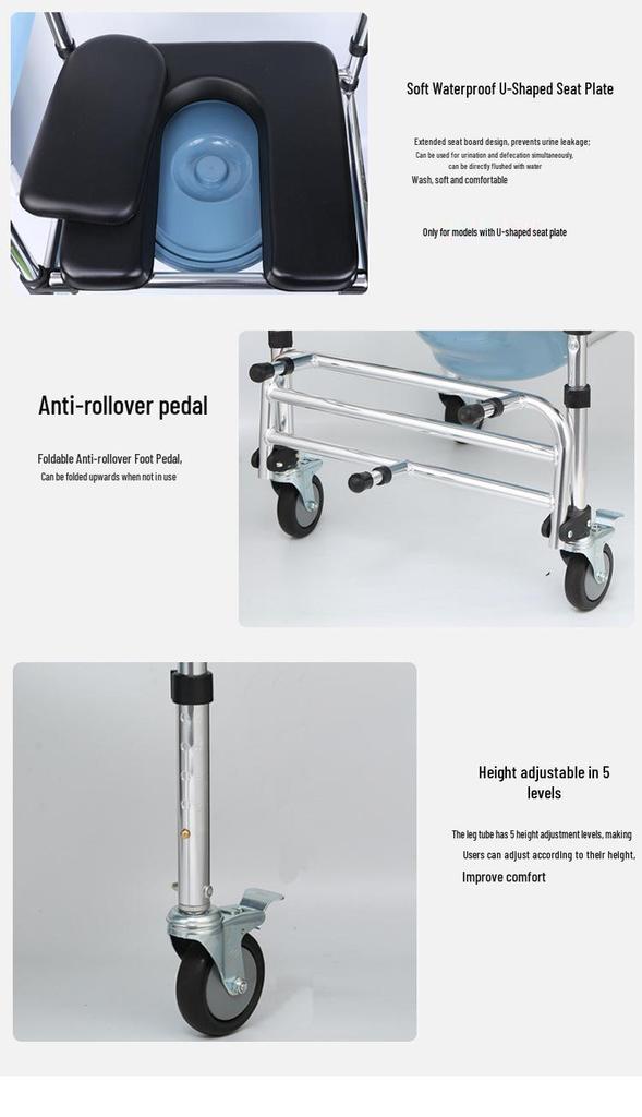 Multi-functional Aluminum Alloy Elderly Shower & Toilet Wheelchair with Armrests & Wheels