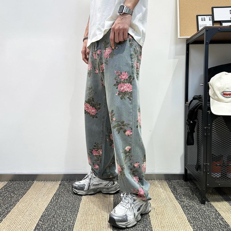 JYL Men's Straight Jeans  Summer Washed Loose Wide-Leg Floor Denim Pants