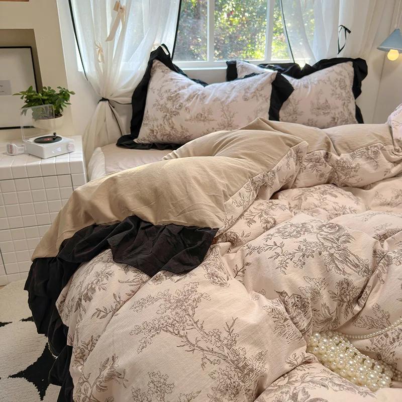 

1.5/1.8 Комплекты простыней на резинке из 100% хлопка в корейском стиле с кружевным цветочным принтом, постельное белье для сезонов, домашняя одежда для взрослых и детей 1.8m-180x220cm 4pcs