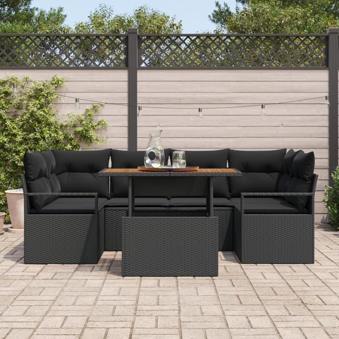 VidaXL Ensemble de Canapés de Jardin 7 Pièces avec Coussins Noir Rattan Poly Acacia 3349666