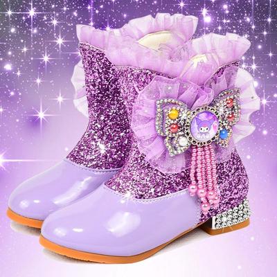 Kuromi Girls' Purple High-Heeled Ankle Boots - Velvet Lined, Warm Snow Boots for Autumn & Winter