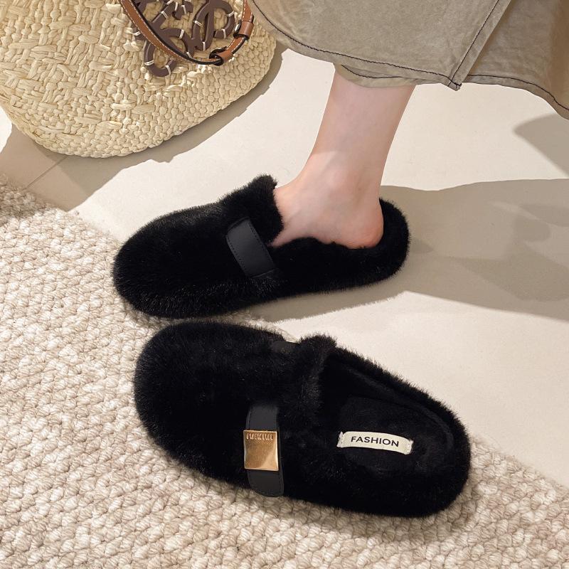 Mao Mao slippers women's wear 2025 autumn and winter new Doudou shoes one pedal Mao Mao lazy cotton shoes flat half slippers