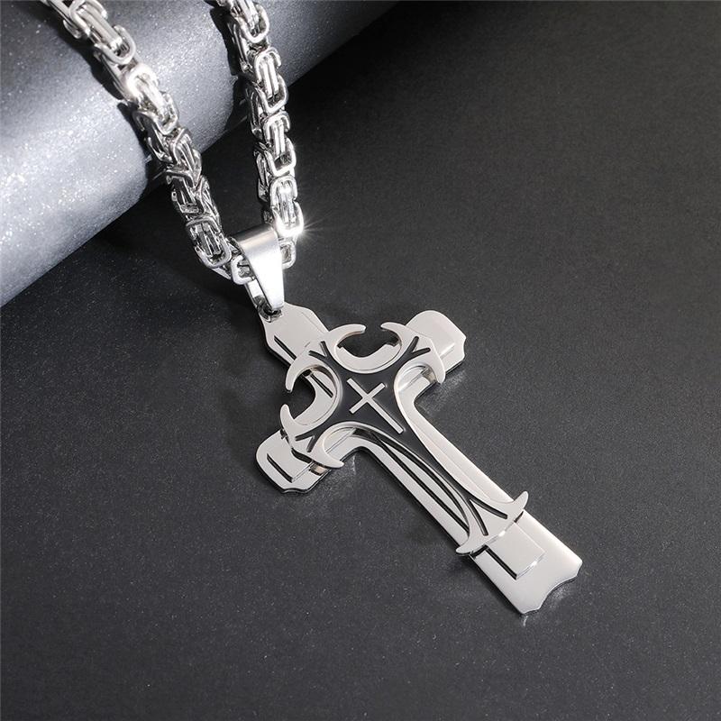 Titanium Steel Long Necklace European And American Domineering Pattern Three Layer Cross Pendant Necklace