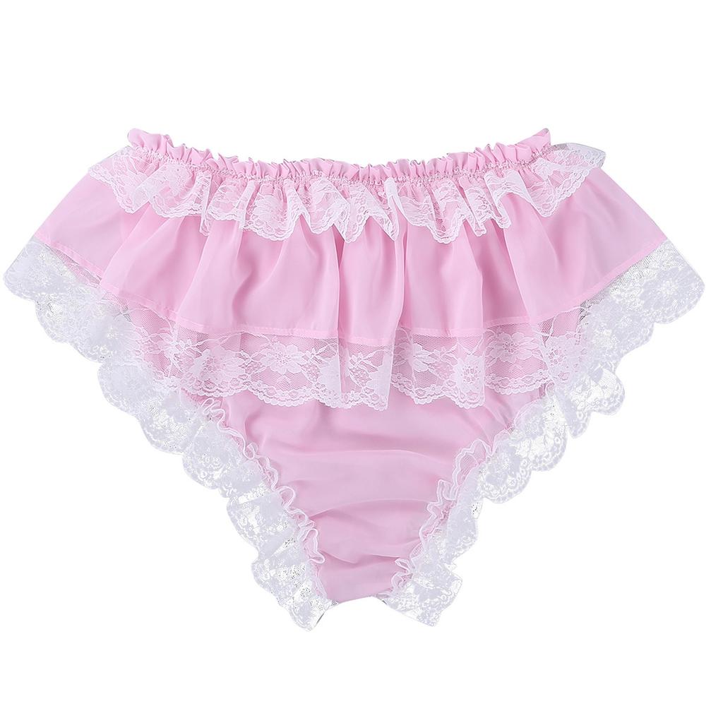 2Pcs Mens Ruffled Lace Sheer Chiffon Sissy Lingerie Set Bra Top with Skirted Petticoated Panties