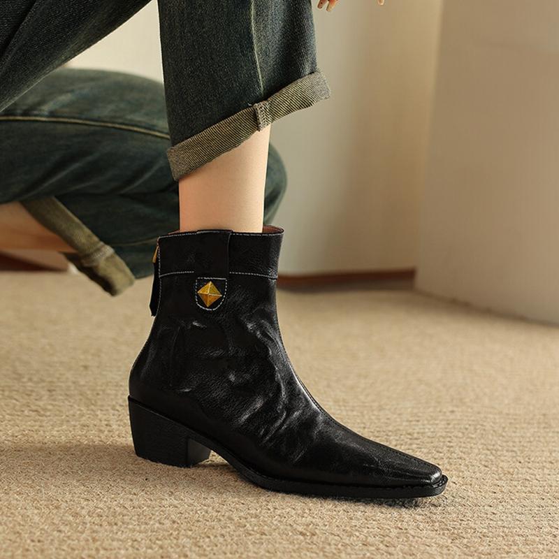 Fashion NEW Autumn Women Boots Genuine Leather Shoes for Women Square Toe Chunky Heel Shoes Rivet Zip Ankle Boots Concise Western Boots