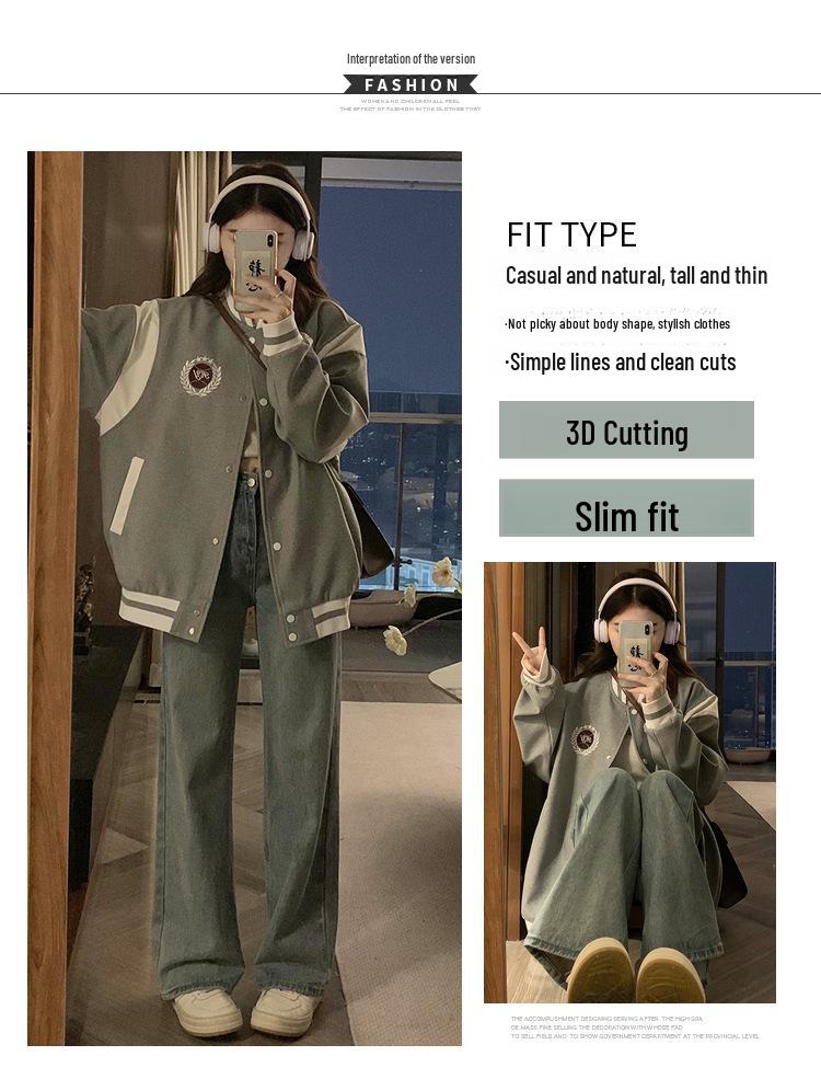 Damen Graue Retro College-Stil Baseballjacke - Frühling/Herbst 2024: Neues Spleißdesign, lässiger Stehkragen.