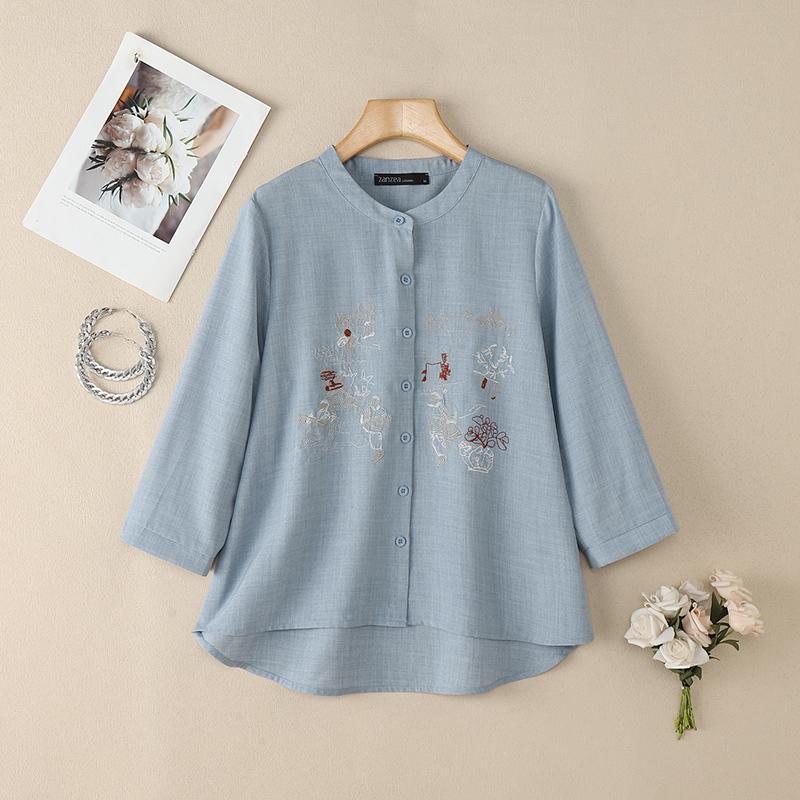 ZANZEA Women Embroidery Print Casual Round Neck Long Sleeve Blouse