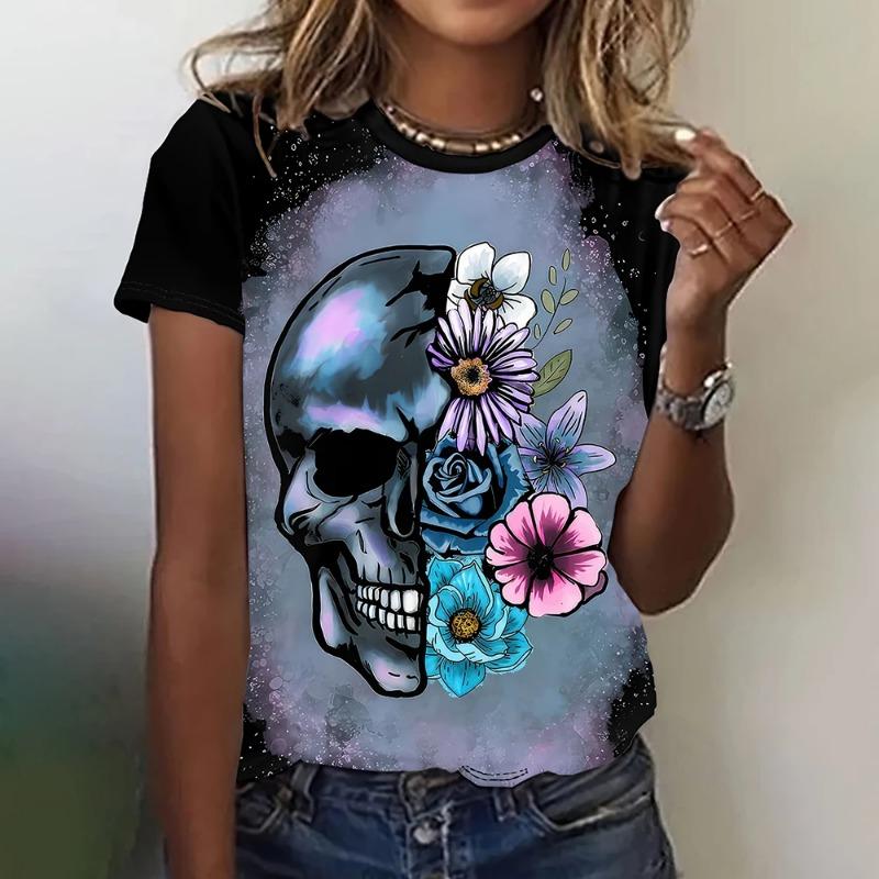 Funny 3D Skulls Print Women's T-Shirts Hip Hop Gothic Harajuku Female Clothing Fashion Rose Short Sleeve Casual O-neck Loose Top
