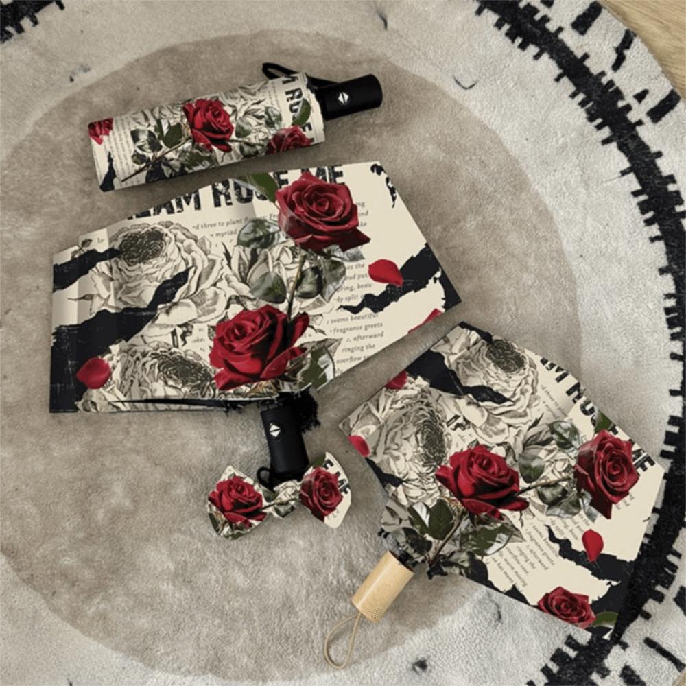 Rose Pattern Folding Umbrella Reinforced Frame UV Protection Umbrella Automatic Umbrella  Sunny