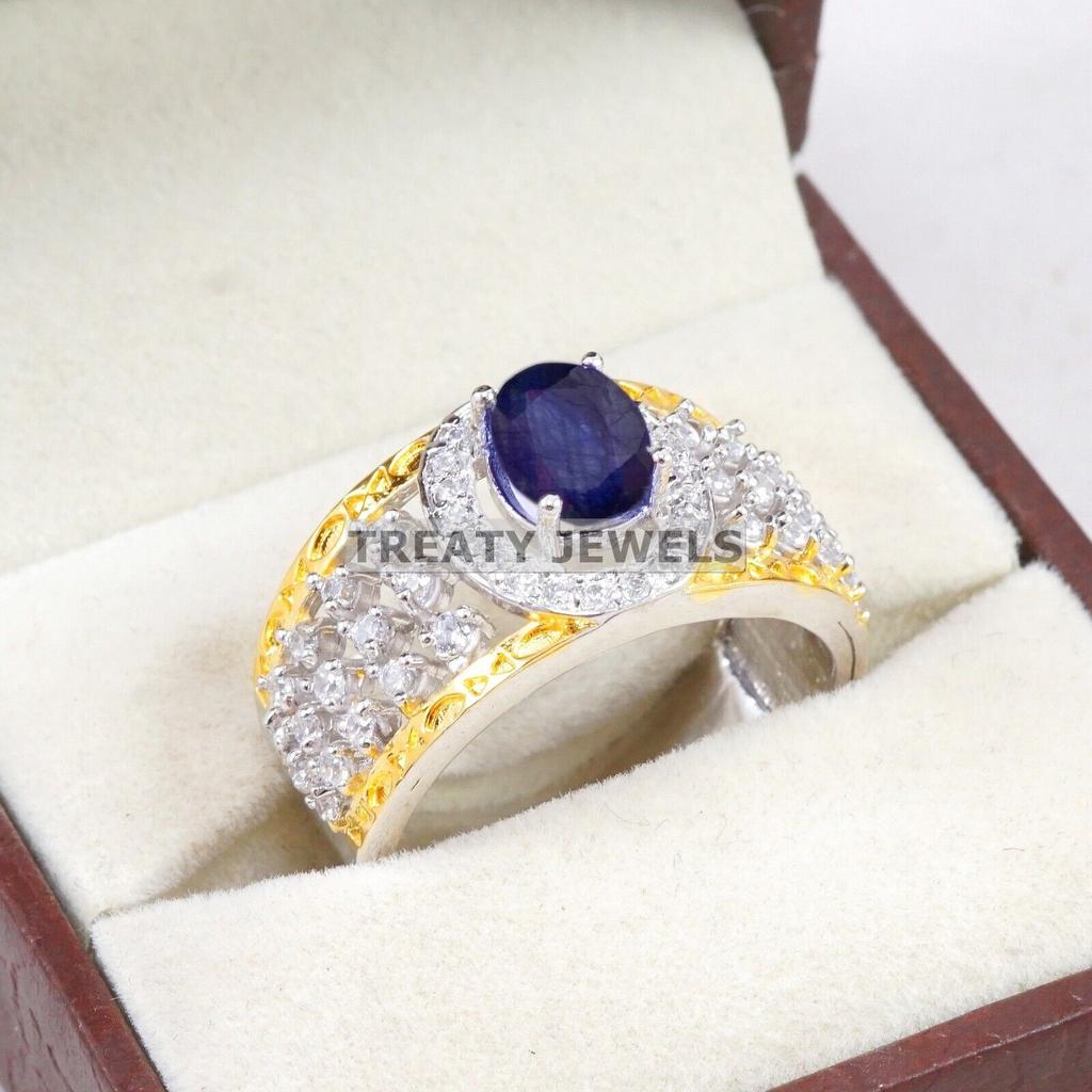 Blue Sapphire Oval Cut Gemstone With 925 Sterling Silver Ring For Men's #B610 JL375686499959