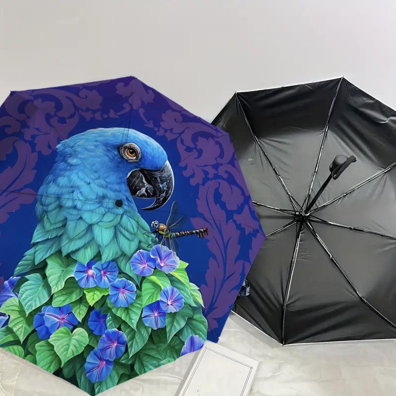 1pc Parrot Flowers Automatic Folding Umbrella 8 Rib Iron Frame,  Suitable for Travel, Daily Use, Birthday, Women & Men Gift