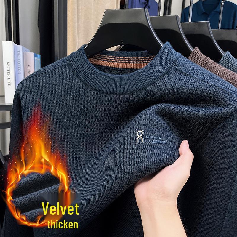 Men's Winter Thickened Velvet Knit Sweater - Warm, Versatile, Round Neck Base Layer for Casual Wear (Middle-aged & Elderly)