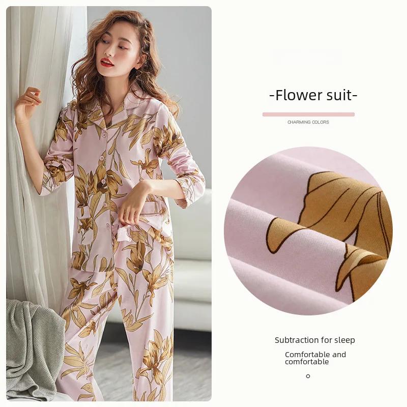 Ladies' 100% Cotton Long Sleeve Pajama Set Spring/autumn Thin Style Winter Warm Homewear Suit