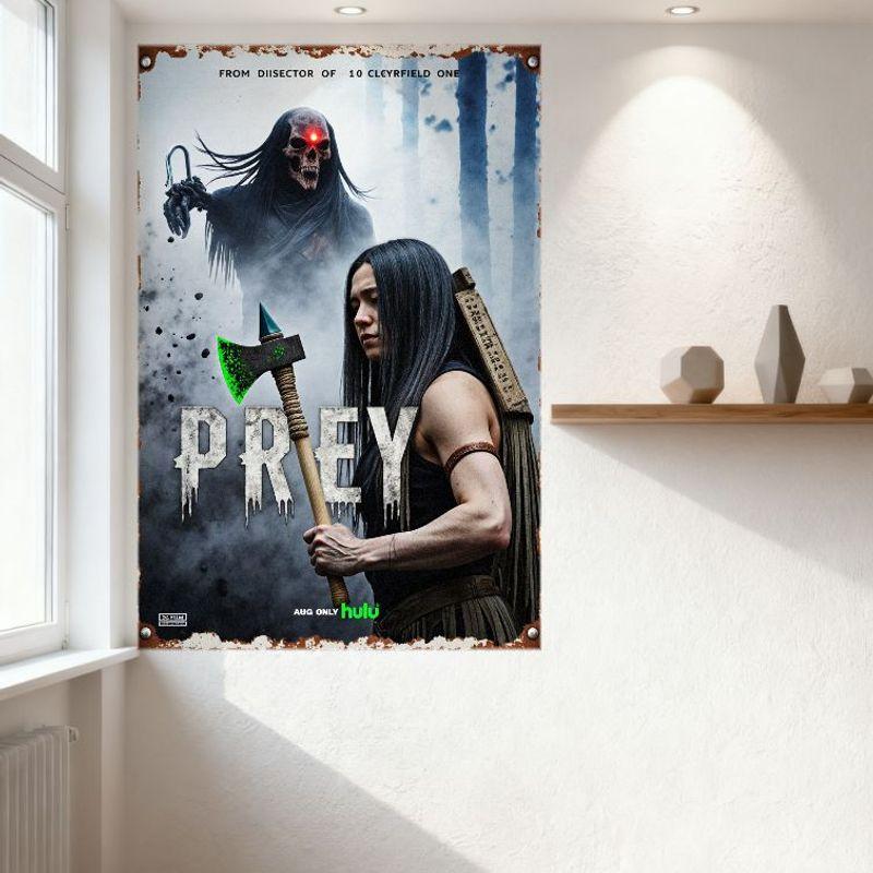 Prey Movie Poster Metal Tin Sign Rustic Weathered Border Skull Figure Axe Woman Horror Movie Plaque for Home Decor