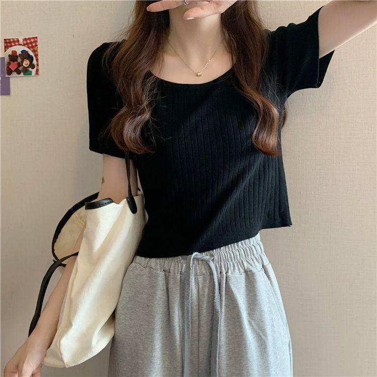 

Футболка с коротким рукавом для женщин, тонкий дизайн для лета, облегающая и утягивающая футболка, трикотажный топ one size чёрный