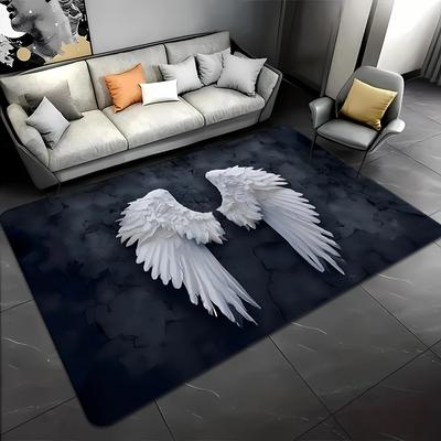3D Angel Wing Carpet Mat - White Feather Black Crack Anti Slip Floor Carpet Suitable for Living Room Bedroom Home Decoration