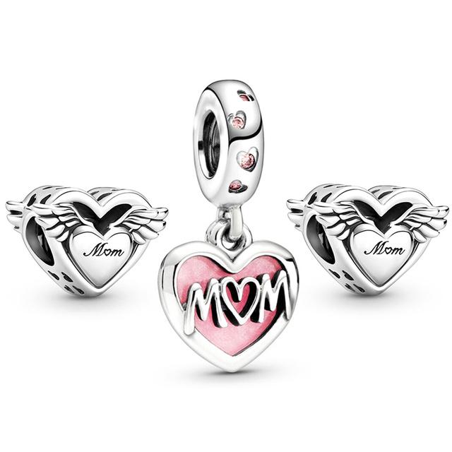 3pcs /Lot Pink Love Heart Beads Enamel Mom Pendant Fit Diy Brand Charm Bracelets Necklaces For Women Mother Jewelry Making
