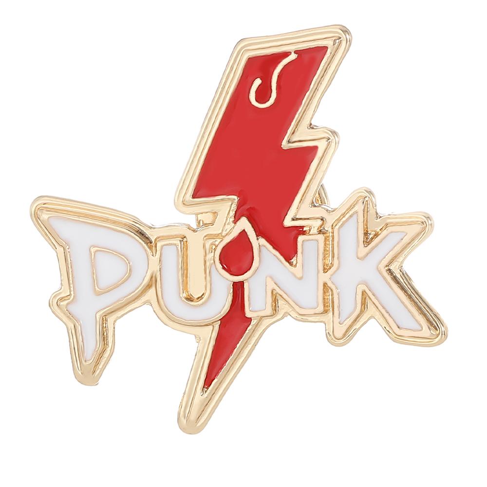 Funny Letter Punk And Red Lightning Combo Design Enamel Brooches Statement Backpack Bag Jacket Golden Pins