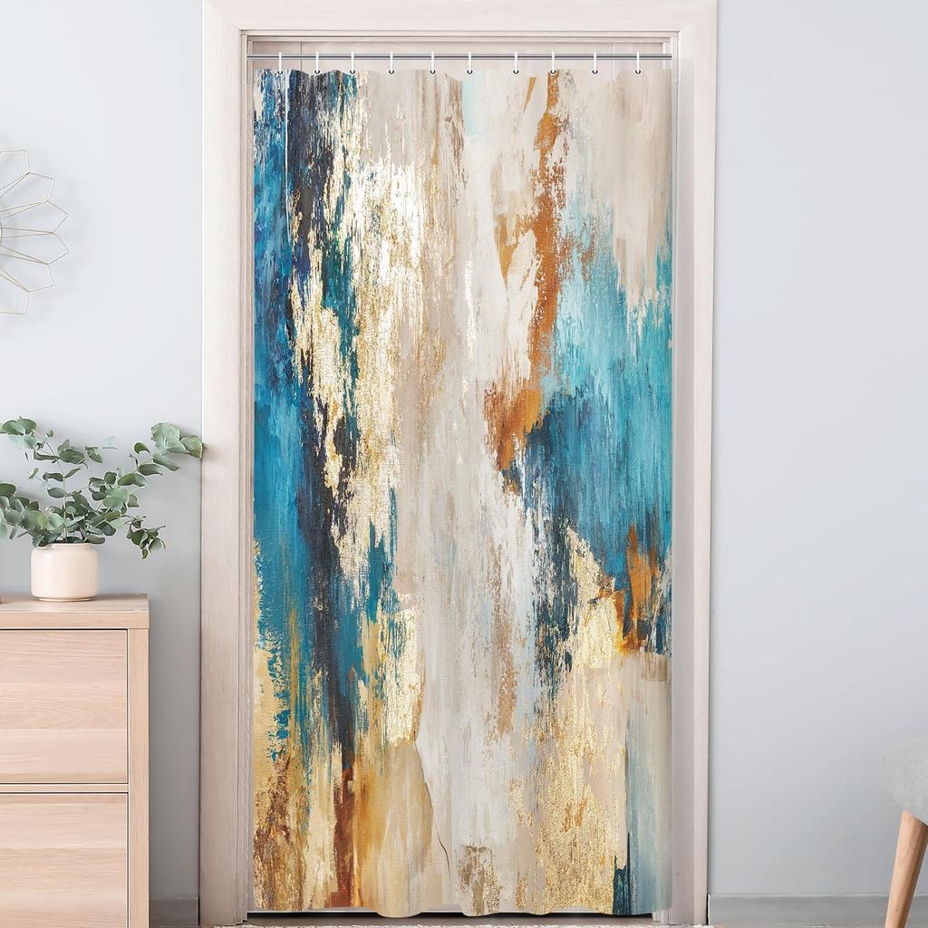 Abstract Blue Shower Curtain for Bathroom, Beige and Gold Yellow Shower Curtains, Modern Painting Farmhouse Aesthetic Polyester