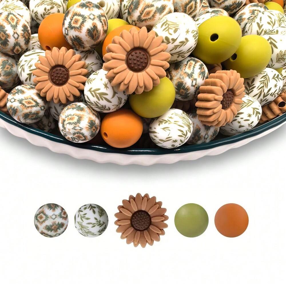 25PCS daisy and floral printed silicone bead set, punk style, suitable for DIY keychains, bracelets, bead pens