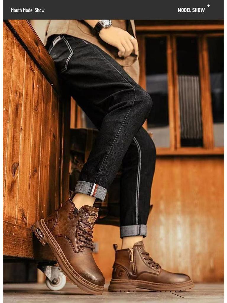 Men's Retro Leather Ankle Boots - Autumn/Winter British Style, High Top Lace-up.