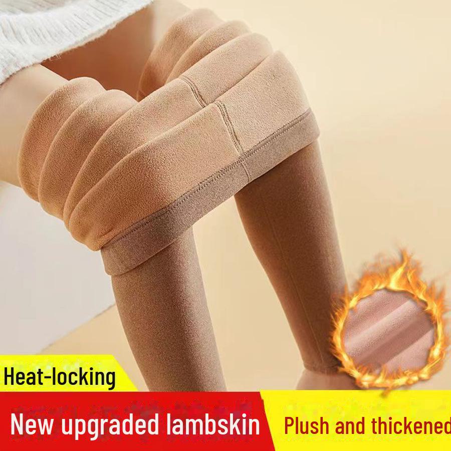 Women's Camel Wool High-Waist Leggings - Warm Lambskin, Plus Velvet, Thickened, Large Sizes for Autumn/Winter.