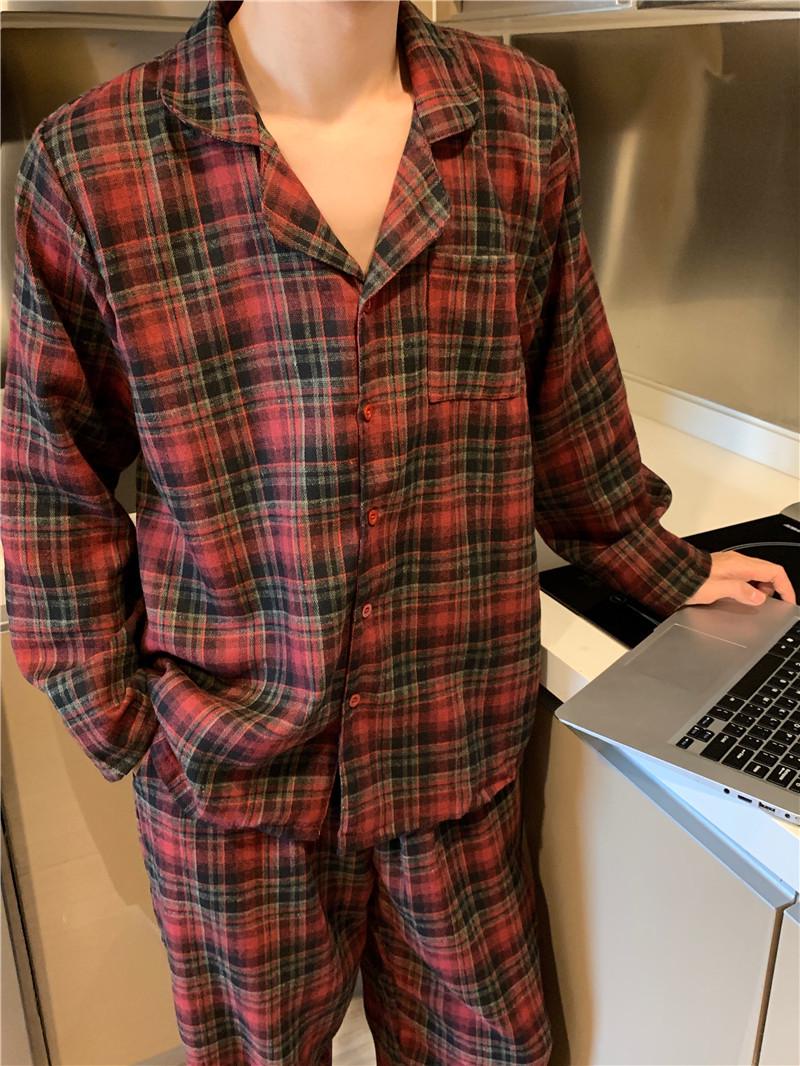 

Корейский Рождественский Пижамный Комплект в Клетку с Кружевной Отделкой для Пары с Воротником Питер Пэн и Длинными Рукавами One Size