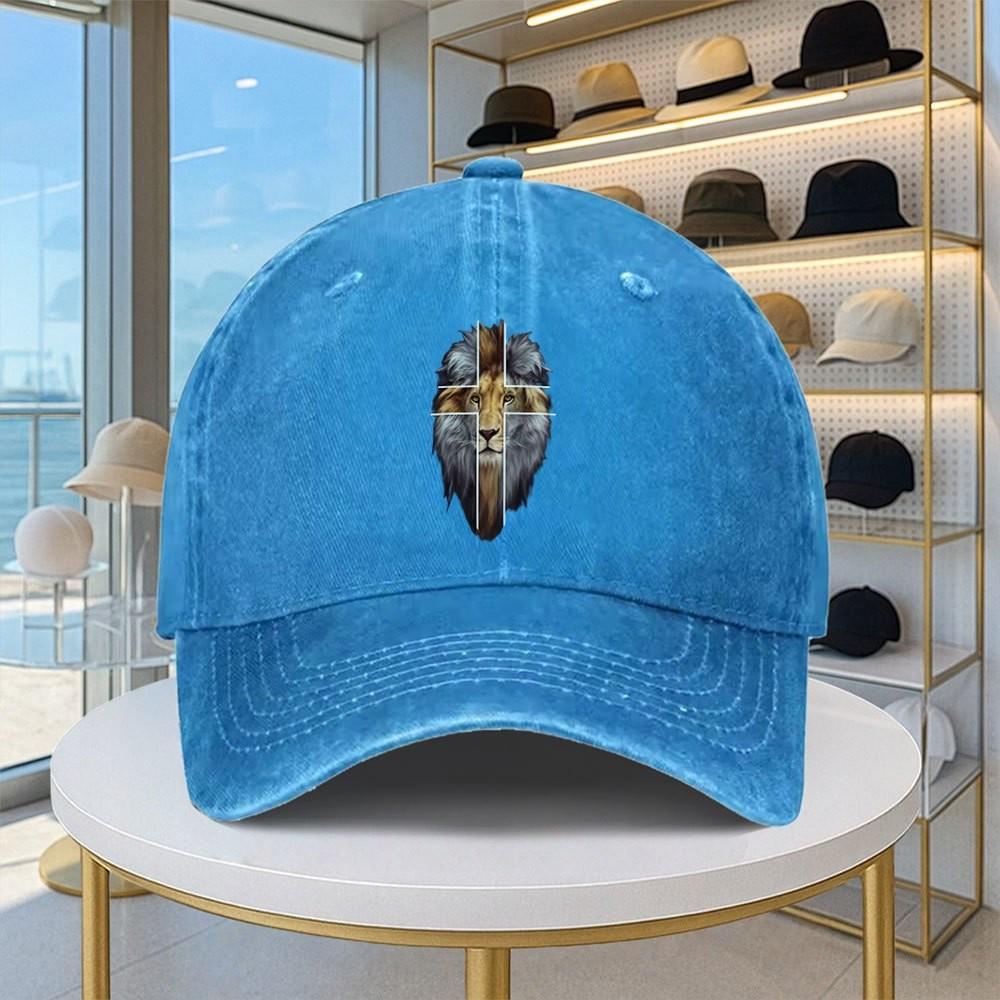Lion of Judah Cross Print Baseball Cap Vintage Washed Denim Adjustable Casual Urban Hat
