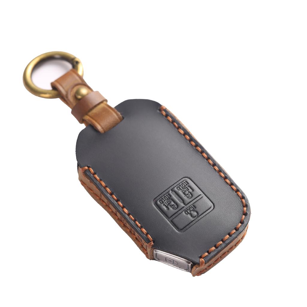 Luxury Crazy Horse Leather Car Key Cover Case Remote Keyring Protective Bag for Kia Carnival 7 Button Fob Protector Keychain