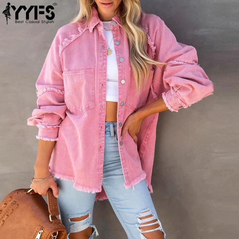 YYFS Autumn Women Denim Jacket Long Sleeve Loose Midi Raw Edge Jacket