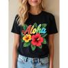 Women Black Aloha Floral T-Shirt Crew Neck Short Sleeve All-Season Vacation Casual Holiday Gift Daily Leisure Top