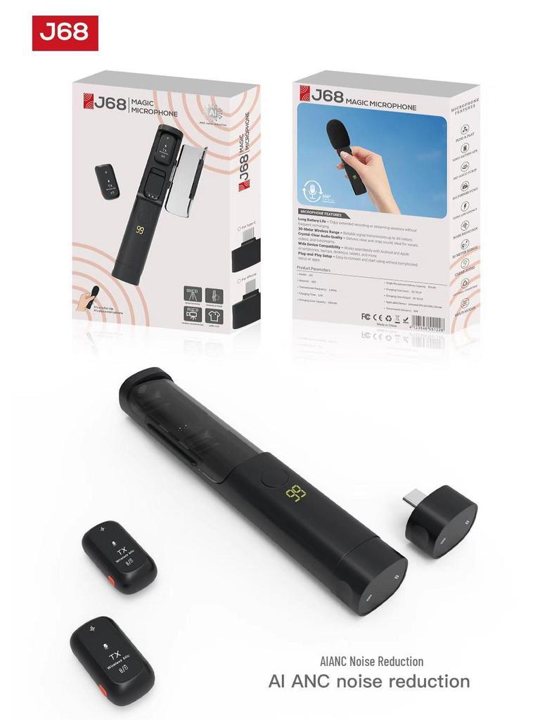 J33 Wireless Lavalier Microphone with Charging Case & AI Noise Reduction, Digital Display, Dual-Function Button.