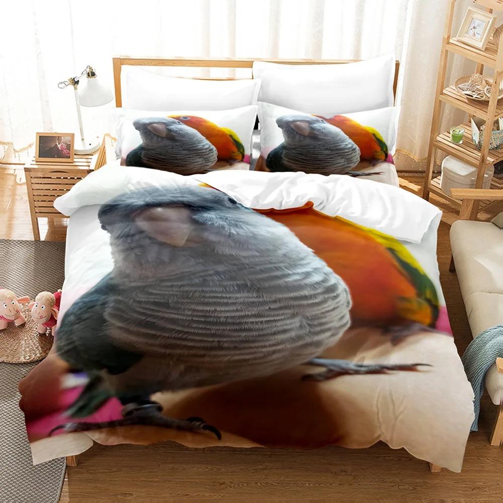 Parrot Duvet Cover Set King/Queen Size, Lovely Gray Parrot Themed Bedding Set For Kids Adults, Trees Bird Duvet Cover, Green