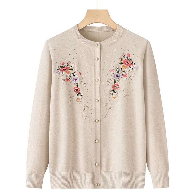 

Women s Round Neck Embroidered Knit Cardigan Spring and Autumn Rhinestone Loose-Fit Cardigan Sweater 3XL