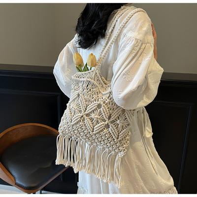 Hand-crocheted Cotton Thread Woven Bag New Versatile Straw Woven Bag Large Capacity Hollow Beach Bag