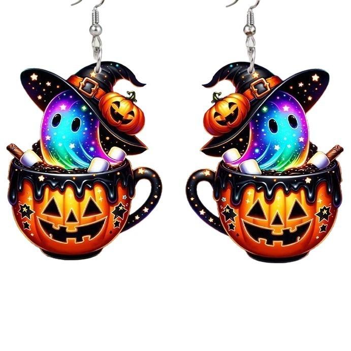 Colorful Themed Halloween Cartoon Ghost Pumpkin Pattern Women Earrings Acrylic