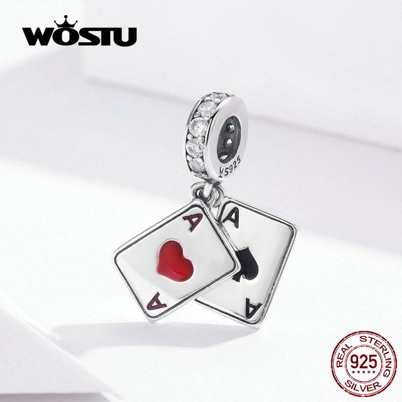 WOSTU Poker Red Heart A Dangle Charm 925 Sterling Silver Dazzling Zircon Beads Fit Original DIY Bracelet Jewelry Making CQC1172