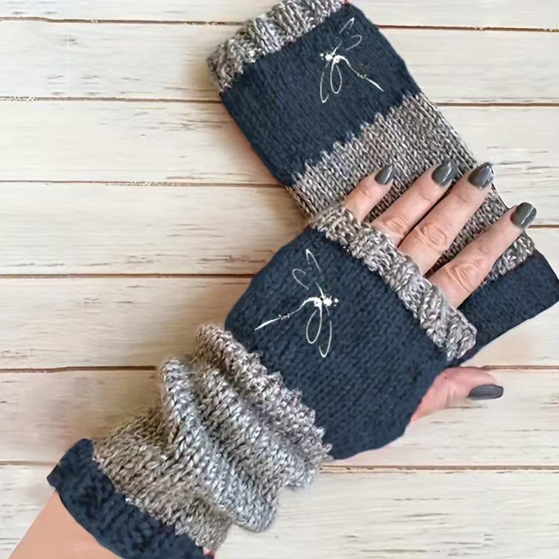 Chinese Embroidered Dragonfly Half Finger Gloves Long Wrist Protection Warm Gloves Touch Screen Outdoor Travel Finger Gloves