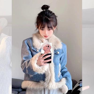 Blue Denim Lamb Plush Fur Integrated Jacket Women's Autumn and Winter Short New Small Wool Coat
