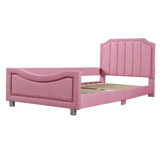 Teen Bed Children Bed, Upholstered 90x200cm Sofa Frame Flannel Multifunctional Soft with Backrest Armrest Parent-Child Youth Guest Pink