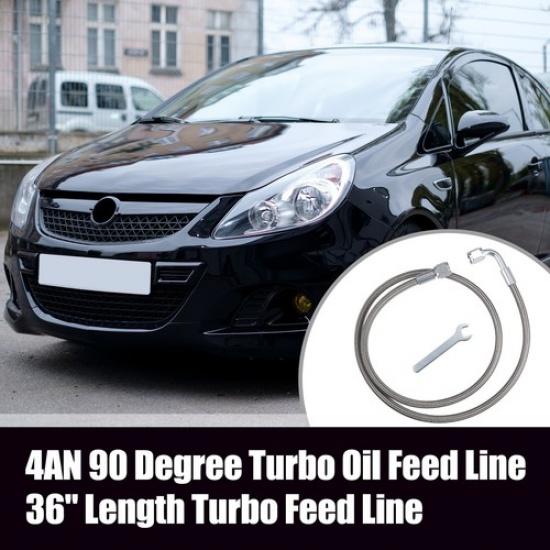 4AN Turbo Oil Feed Line 36" Turbo Feed Line Stainless Steel Braided 90 Degree