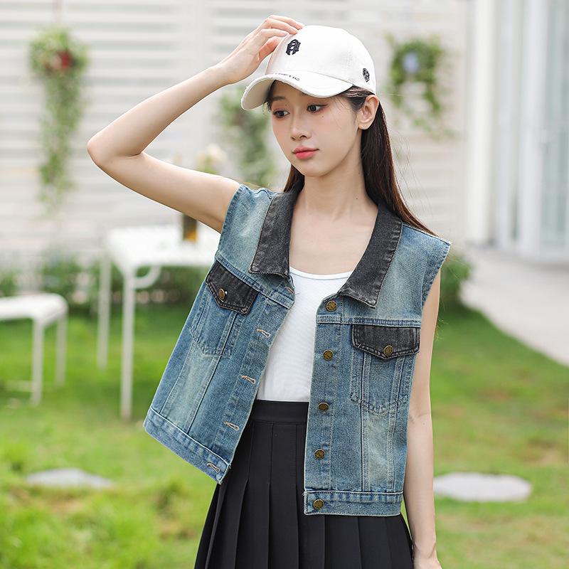 Women's Trendy Short Denim Vest with Pockets