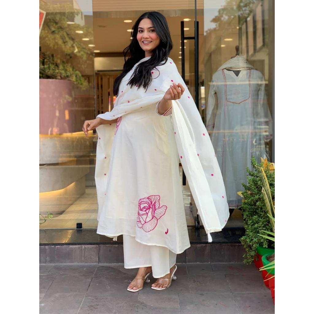 Beautiful White Pure Cotton Kurti Pant Dupatta Set Indian Designer Kurta Set