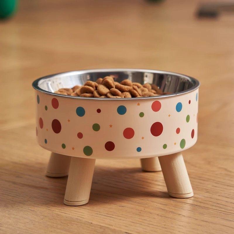 Polka Dot High-Footed Stainless Steel Pet Bowl - Anti-Spill, Neck Protection for Cats & Dogs