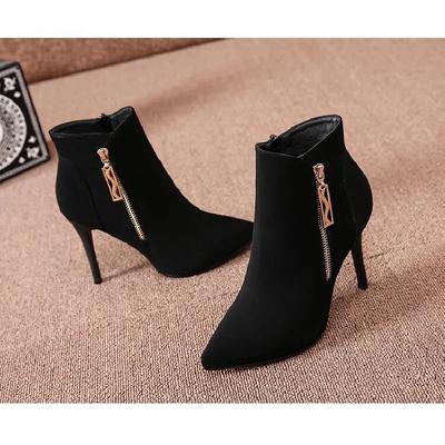 New Women's Suede Pointed-Toe Ankle Boots - Slim Heel Side-Zip Booties with Metal Accents, Elegant Fall/Winter Dress Boots