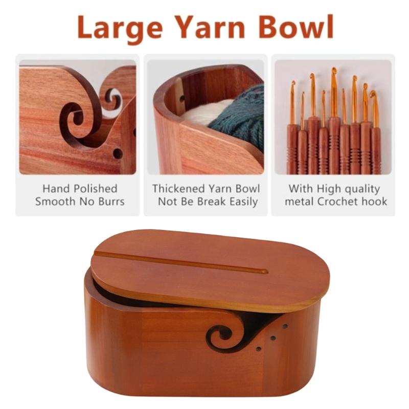 Oval Shape Wooden Knitting Bowl with Holes Multifunctional Yarn Holder with Lid for Crocheting Knitting Tool Storage