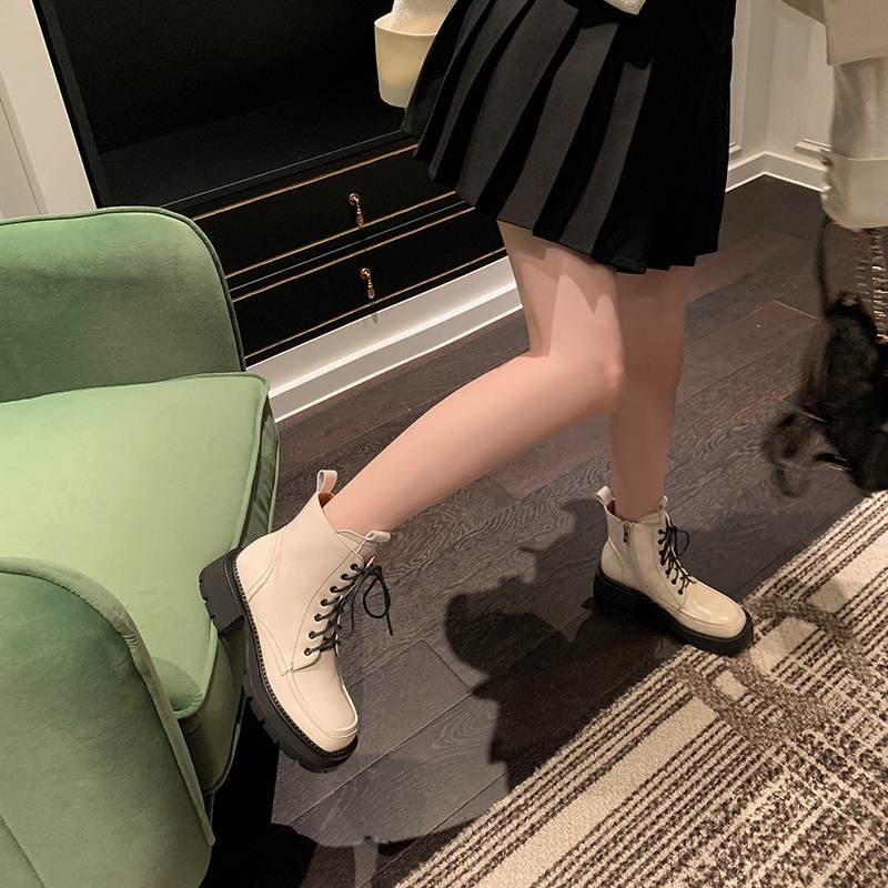 Krazing Pot Cow Leather Winter Shoes Thick Med Heels Handsome Lace Up British School Platform Women Ankle Boots