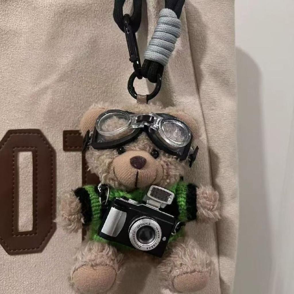 Cute Plush Brown Bear Keychain With Camera & Glasses Backpack Doll Pendants Couple Keyrings Handbag Charms Bag Accessories Set
