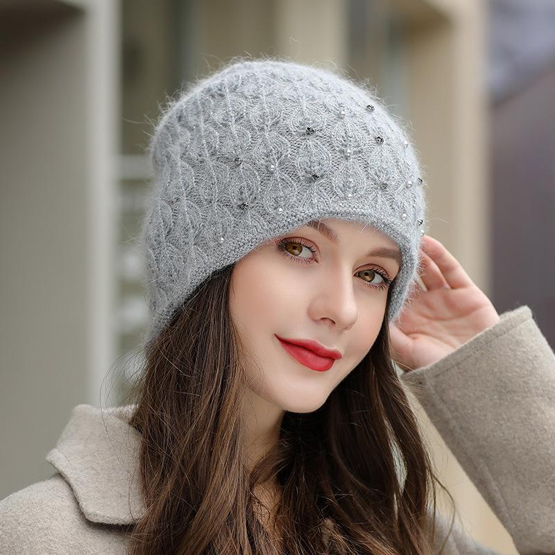 New Winter Hat Street Fashion Rabbit Fur Blend Thick Warm Beanie Hat for Women Elegant Pearl Decoration Knitted Hat Ladies Gift