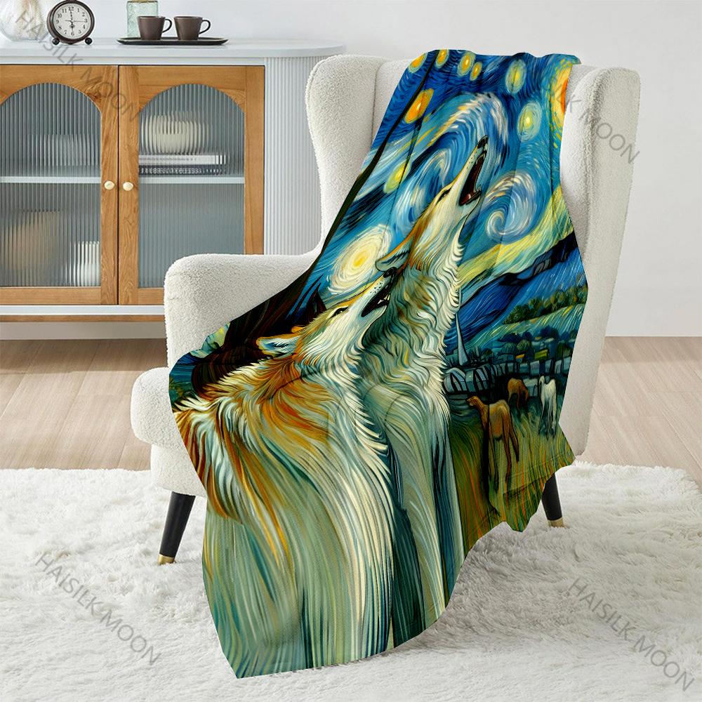 Multi size Van Gogh Howling Wolves Pattern Blanket Flannel Material Soft Warm for All Seasons Home Outdoor Camping Picnics RV